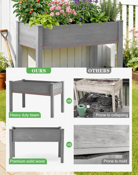 Comparison of Waist-Height Raised Garden Bed With Legs, 48 By 24 By 30 Inch Solid Wood Planter Box with competitor showing durability and quality differences.