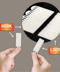Hands holding hook and loop tape, part of 180 Pairs Large Picture Hanging Strips Heavy Duty No Tools Needed Removable Hook And Loop Tape 360 Strips Total Hang Frames Easy No Nails Damage Free Water Resistant Adhesive Strips For Frame Hanging On Walls, showing close-up of hook and loop fibers.