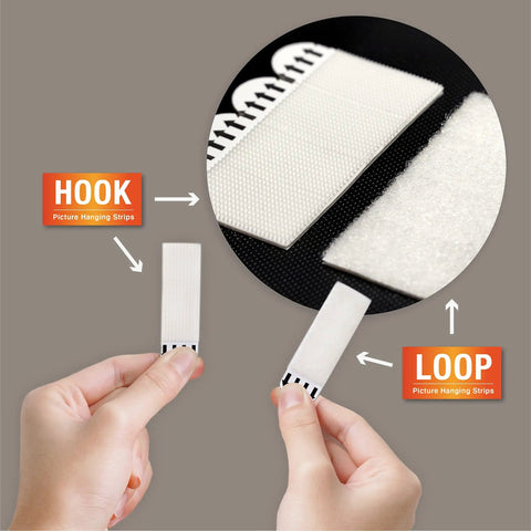Hands holding hook and loop tape, part of 180 Pairs Large Picture Hanging Strips Heavy Duty No Tools Needed Removable Hook And Loop Tape 360 Strips Total Hang Frames Easy No Nails Damage Free Water Resistant Adhesive Strips For Frame Hanging On Walls, showing close-up of hook and loop fibers.