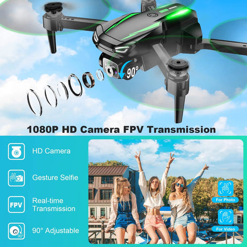1080P HD FPV Foldable Drone For Kids And Adults Beginners With Brushless Motors hovering above young adults outdoors.
