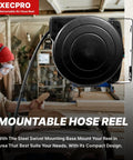 Heavy Duty Retractable Air Hose Reel With 1/4 Inch By 45 Feet Hybrid Hose Max 300 Psi Plus Five Foot Lead In Wall Or Ceiling Mount showing compact design and steel mounting base.