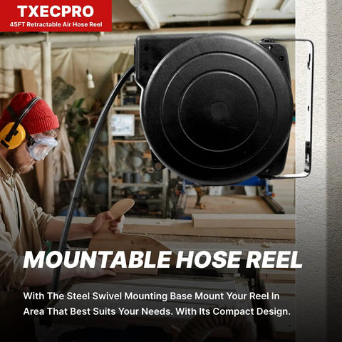 Heavy Duty Retractable Air Hose Reel With 1/4 Inch By 45 Feet Hybrid Hose Max 300 Psi Plus Five Foot Lead In Wall Or Ceiling Mount showing compact design and steel mounting base.