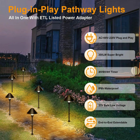 Low Voltage Pathway Lights With Timer Set Of 4, Auto On Off 4 Hour 6 Hour 8 Hour, 3000K Warm White Waterproof Landscape LED Lights in garden