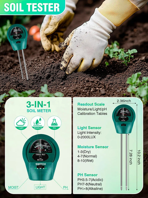 Gardener using 3-in-1 moisture meter from Seed Starter Kit With Grow Lights And Heat Mat For Indoor Plants 80 Cell Germination Station 2 Pack