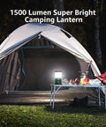 Beast Bright Camping Lantern LED Battery Powered 1500 Lumen, 360 Degree Beam illuminating a campsite tent at night