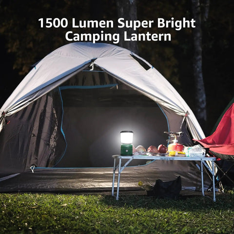 Beast Bright Camping Lantern LED Battery Powered 1500 Lumen, 360 Degree Beam illuminating a campsite tent at night