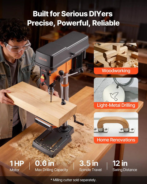 Heavy Duty 12 Inch Benchtop Drill Press With 1 HP Motor, 6.2 Amp, Variable Speed, for woodworking and metal projects