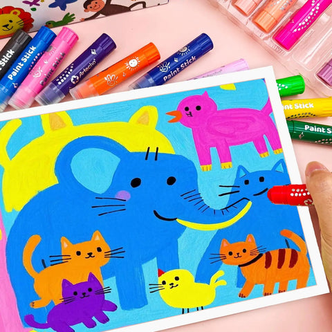 Killer Pack Of Butter Smooth Tempera Paint Sticks colorfully used to create cheerful animal art on paper.