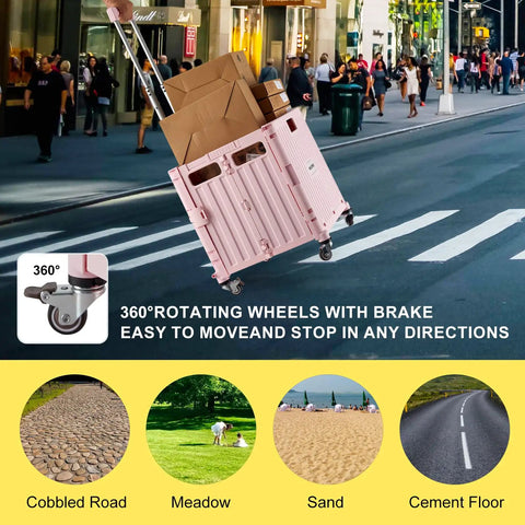 Foldable Utility Cart With Four Swivel Wheels And Lid, rolling on a city street loaded with brown boxes, showcasing mobility.