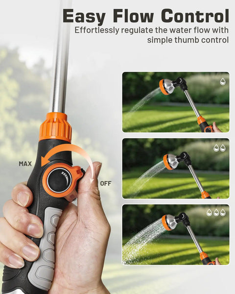 All New 2027 18 Inch Watering Wand For Garden Hose Sprayer With Eight Spray Patterns and Flow Control Thumb Demonstration