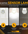 LED Motion Activated Night Light With Rotating Head And Flexible Sensor No Fuss Plug In AC Outlet Wall Lamp For Hallways Stairs Bedroom, Garage, Basement Dusk To Dawn 360 Degree Coverage showing daylight, auto-on, and auto-off modes.