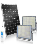 Two Pack 300W Solar Flood Lights Outdoor Security Lamps With 24,000 Lumens LED, IP67 Waterproof, solar panel, remote control