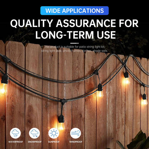 Heavy Duty Outdoor String Light Hanging Kit with M5 turnbuckles on wooden fence for patio, garden, Christmas lights display.