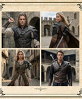 4 models wearing 2 In 1 Faux Leather Medieval Shoulder Armor With Back Sword Frog for LARP cosplay in vintage style black.