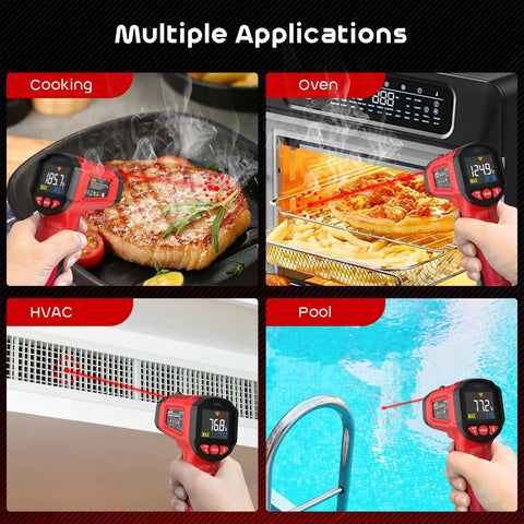 Non Contact Infrared Temperature Gun With Adjustable Emissivity And Color Backlight, fast laser thermometer used on steak, oven, HVAC and pool