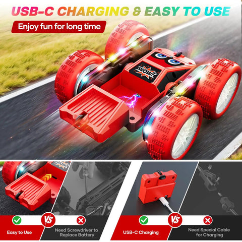 Remote Control Stunt Car With 360 Degree Flips, LED Light Strips, Type C Charge, Dual Sided High Speed RC Vehicle with USB-C charging port