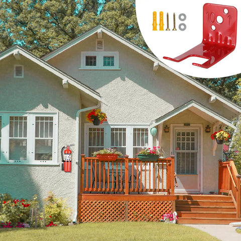 Heavy Duty Fire Extinguisher Bracket 5 Pack For Large And Small Fire Extinguishers, Adjustable Wall Mount Hooks For Home shown installed outside a house, red.