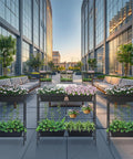Raised Garden Bed With Legs, 32 Inch Elevated Planter Box For Veggies And Herbs, Includes Drainage Holes, Trellis, And Four Plastic Planting Stations, Great For Balcony Or Patio, Outdoor Black on a city rooftop patio with flowers and plants.