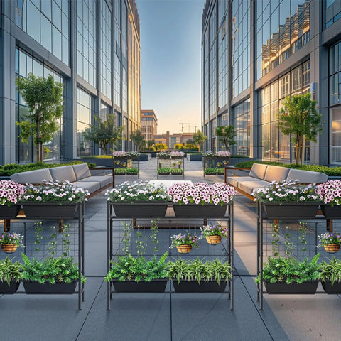 Raised Garden Bed With Legs, 32 Inch Elevated Planter Box For Veggies And Herbs, Includes Drainage Holes, Trellis, And Four Plastic Planting Stations, Great For Balcony Or Patio, Outdoor Black on a city rooftop patio with flowers and plants.