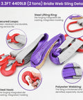 Two-leg polyester bridle lifting slings with red steel hooks and purple/gray webbing; 3.3 ft length, 4409 lb capacity.