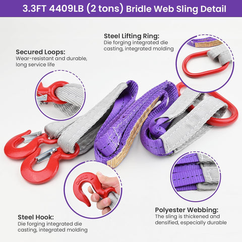 Angled view of bridle lifting sling with red hooks and gray-purple polyester webbing, 3.3 ft, 4409 lb capacity.