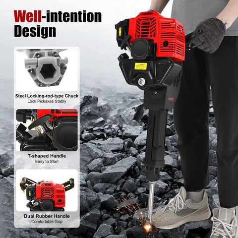 52Cc Gas Jack Hammer With 2.4Hp Two Stroke Engine Plus Two Steel Picks, showcasing its steel chuck and T-shaped handle in use.