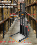 Heavy Duty Fully Electric Adjustable Straddle Stacker with 3ft 6in fork length and compact design for efficient warehouse use.