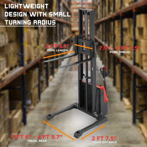 Heavy Duty Fully Electric Adjustable Straddle Stacker with 3ft 6in fork length and compact design for efficient warehouse use.
