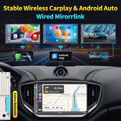Dope 7 Inch Wireless Double Din Car Stereo With Apple CarPlay And Android Auto, QLED Touch Screen in car dashboard setup.