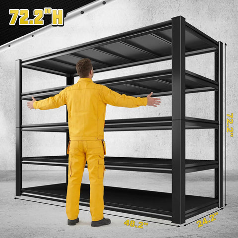 Beefy 5 Tier Garage Shelving Unit With 3000 Lbs Total Capacity Adjustable Industrial Metal Shelves For Garage Basement Pantry Workshop Or Warehouse Storage Sturdy 72 Inch Tall 48 Inch Wide, 72.2H black steel rack