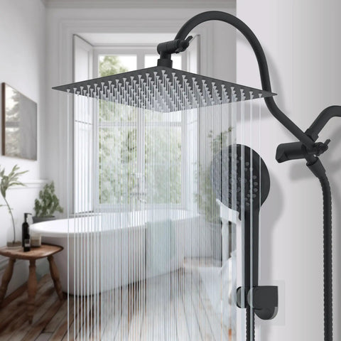 12 Inch All Metal High Pressure Rainfall Shower Head Combo With Handheld, matte black finish in modern bathroom setting