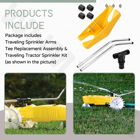 Traveling Sprinkler Arms Tee Replacement Kit And Traveling Tractor Sprinkler Set For Nelson And Orbit Compatible Lawn Watering System with no rust aluminum parts shown on grass.