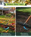 63 Inch Heavy Duty Bow Rake With 17 Tine Metal Head And Adjustable Handle for dual use in leaf gathering and soil leveling