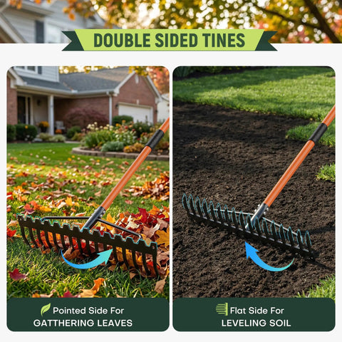 63 Inch Heavy Duty Bow Rake With 17 Tine Metal Head And Adjustable Handle for dual use in leaf gathering and soil leveling