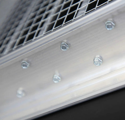Close-up of 24 Inch Aluminum Exterior Gable Louver Vent For Walls And Crawlspace showing screen mesh and bolts for weatherproofing