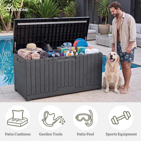 Extra Large 120 Gallon Outdoor Storage Deck Box With No Sweat Hydraulic Lift Lid holding pool gear and patio items by a pool.