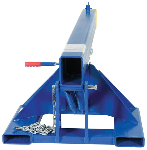 Heavy Duty Steel Orbit Telescoping Forklift Boom Converts Your Rig Into An Overhead Crane With 30 Inch Fork Pocket Center And 8000 Pound Capacity, blue weld construction.
