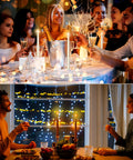 36 Piece Flameless Taper Candles Set With Flickering LED Light, Battery Operated, in cozy dinner settings for parties and events.