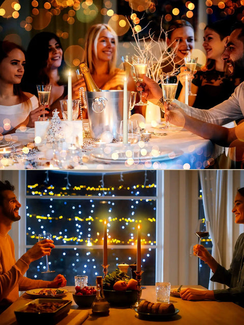 36 Piece Flameless Taper Candles Set With Flickering LED Light, Battery Operated, in cozy dinner settings for parties and events.