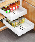 Legit Heavy Duty Pull Out Cabinet Organizers Smooth Roll Out Shelf with beverages and canned goods in frameless cabinet.