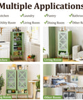 Heavy Duty Outdoor Storage Cabinet In Sage Green With Waterproof Rust Resistant Steel Construction displayed in various home rooms.