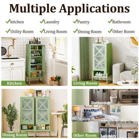Heavy Duty Outdoor Storage Cabinet In Sage Green With Waterproof Rust Resistant Steel Construction displayed in various home rooms.