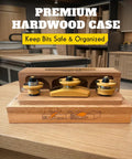 3 Piece Shaker Cabinet Door Router Bit Set with Height Matched Bits showcased in a hardwood case on a workbench.
