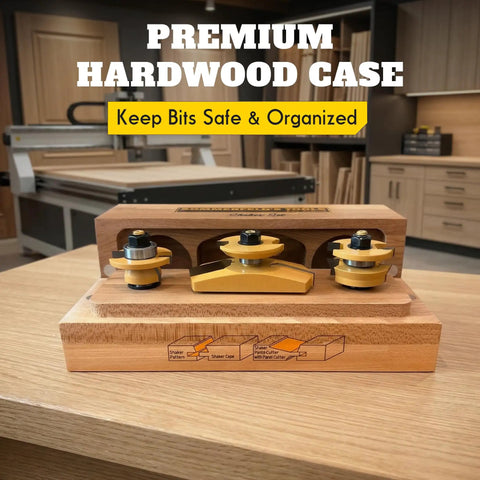3 Piece Shaker Cabinet Door Router Bit Set with Height Matched Bits showcased in a hardwood case on a workbench.