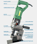 Front view of Electric Hydraulic Punching Tool 1.2 HP 110V Heavy Duty Puncher with labeled components for sheet metal work.
