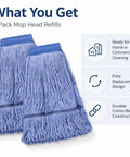 2 Pack Workhorse Mop Head Replacement For Commercial Floor Cleaning Ultra Absorbent Wet Mop Head With Cotton Rope Looped End Industrial Blue Refills displayed with features.