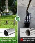 Comparison of Three-Tine Manual Core Aerator Tool For Lawns with thickened steel tubes vs flimsy thin tubes, side by side view.