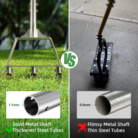 Comparison of Three-Tine Manual Core Aerator Tool For Lawns with thickened steel tubes vs flimsy thin tubes, side by side view.