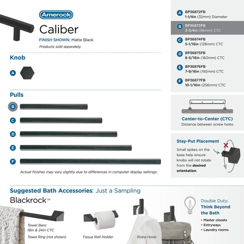 Matte Black Cabinet Pulls from Caliber line, showing sizes for different center-to-center dimensions, with focus on 3 3/4 inch Center to Center.