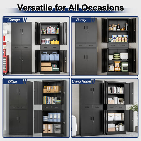 Heavy Duty Metal Garage Storage Cabinet With Locking Doors And Two Adjustable Shelves, Tall Black Lockable Tool File Cabinet For Garage, Shop, Office And Warehouse, 71 Inch High in garage, pantry, office, living room